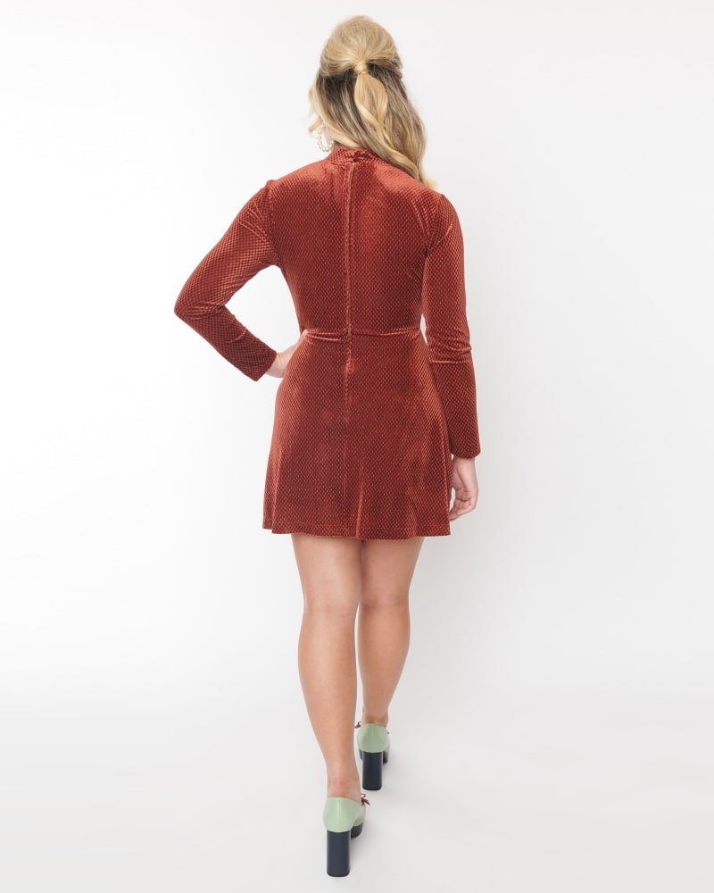 Smak Parlour Orange Geometric Velvet Mock Turtleneck Fit Flare Dress